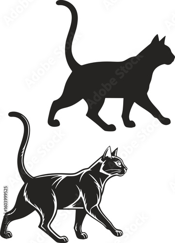 Black cat silhouette vector illustration of a domestic feline animal on white