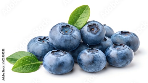 Blueberry Delight: A close-up shot reveals a plump, ripe blueberry with a vibrant hue, accompanied by delicate green leaves, showcasing its freshness and natural appeal.