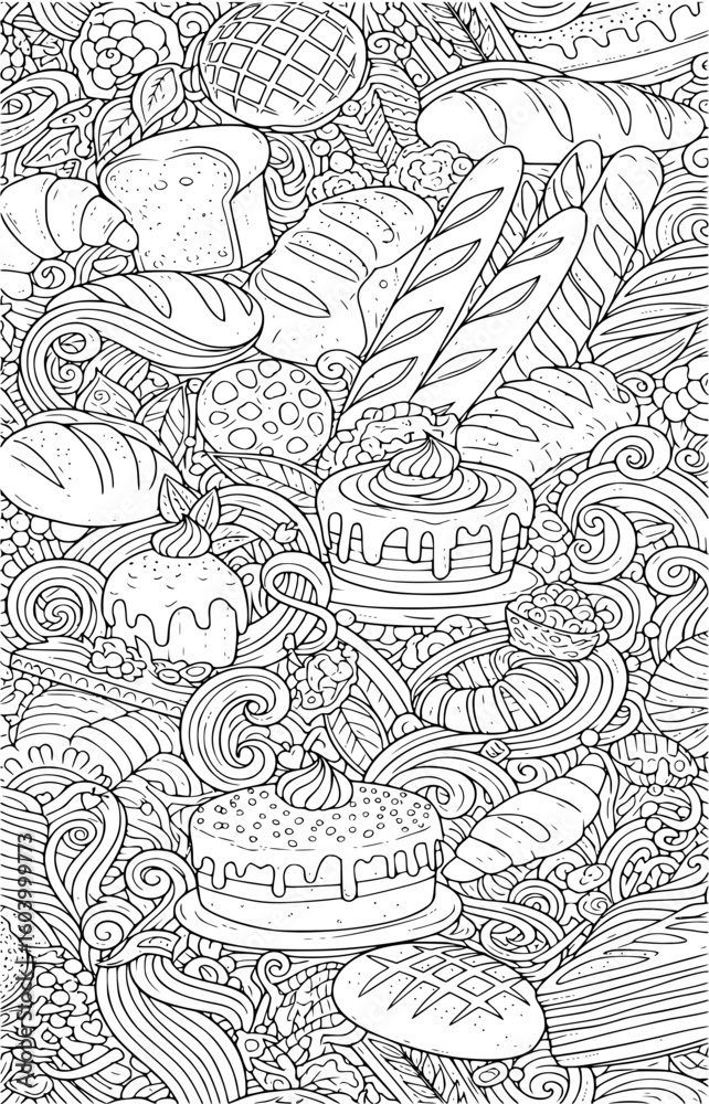 Fototapeta premium Intricate bakery pattern assorted breads, cakes, and pastries in kawaii style