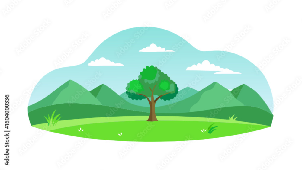Obraz premium Scenic landscape illustration of green tree mountains and sky vector art for nature background design use