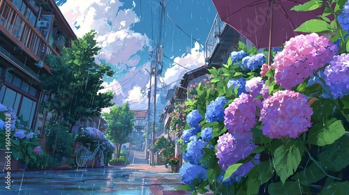 A tranquil rainy day in a Japanese village with vibrant hydrangeas blooming along the street reflected in the wet