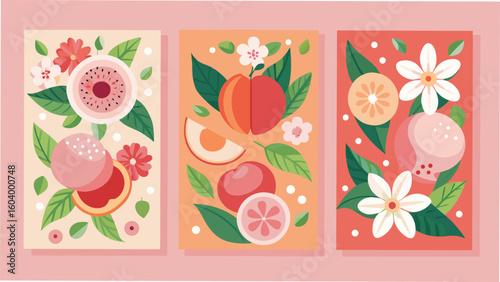 Collection of three artistic fruit illustrations featuring peaches citrus and blooming flowers with modern flat design on a white background