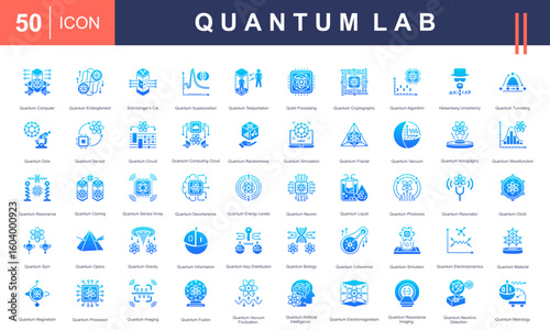 Quantum Lab icon set featuring symbols of quantum computing, entanglement, tunneling, photonics, and AI. Ideal for research, quantum physics, tech innovation, and futuristic science projects.