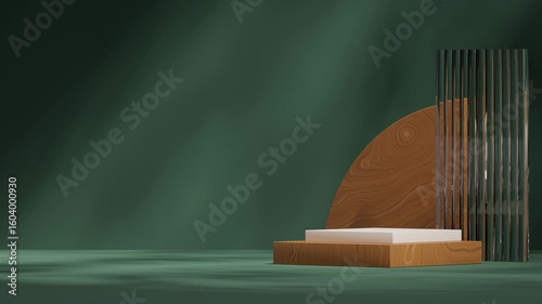 wood and white podium seamless loop shadow animation with arch and glass green scene background, rendering 3d footage scene mockup