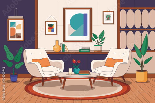 Modern Living Room Illustration with Stylish Armchairs and Minimalist Decor Bringing a Calm and Peaceful Ambience to a Contemporary Home