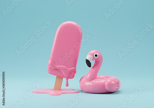Melting Pink Ice Cream on Flamingo Float – Minimal Pastel Summer Concept, 3D Render