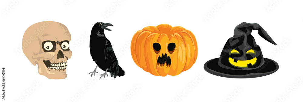 Naklejka premium Set of Halloween illustration. Vector cartoon grinning skull, scary pumpkin, witch hat and black crow. 