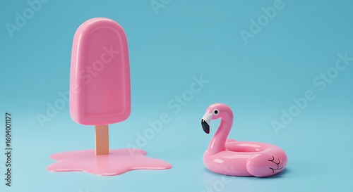Melting Pink Ice Cream on Flamingo Float – Minimal Pastel Summer Concept, 3D Render
