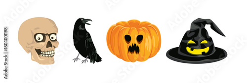 Set of Halloween illustration. Vector cartoon grinning skull, scary pumpkin, witch hat and black crow. 