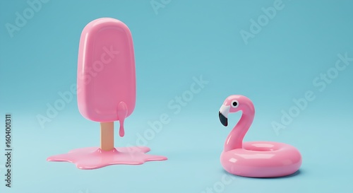 Melting Pink Ice Cream on Flamingo Float – Minimal Pastel Summer Concept, 3D Render