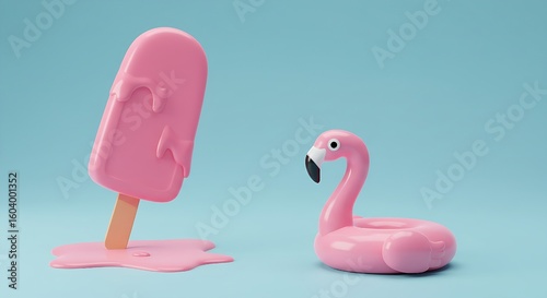 Melting Pink Ice Cream on Flamingo Float – Minimal Pastel Summer Concept, 3D Render