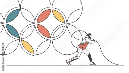 Man pulling rope against a backdrop of overlapping circles with colored segments in a minimalist style