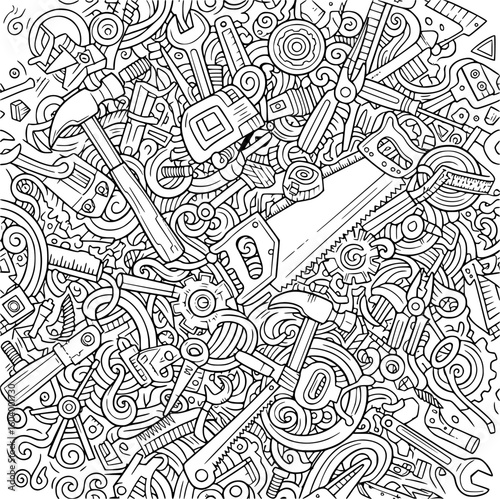 A chaotic yet organized doodle of various hand tools and construction equipment, perfect for diy and repair projects