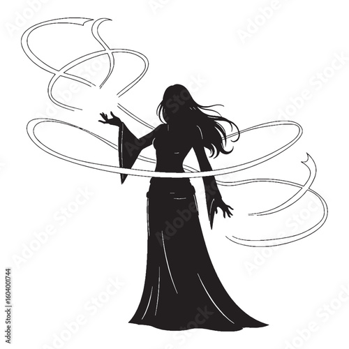 Casting shadows under the full moon – Sorceress silhouette shaped with spectral Sorceress vector – Sorceress illustration – Halloween silhouette

