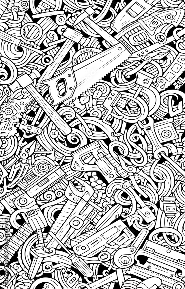 Obraz premium A detailed doodle pattern featuring a variety of hand tools and construction equipment