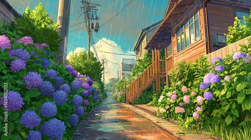A serene walk down a rainy lane lined with vibrant hydrangea reflecting light and calming the soul in painterly style