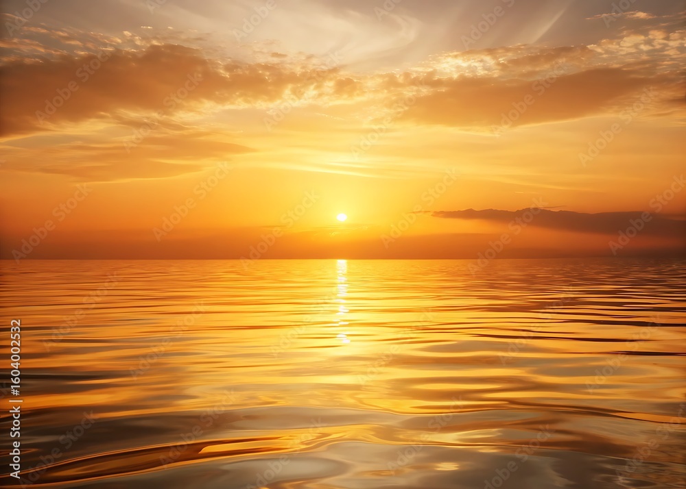 Fototapeta premium Golden sun setting over calm ocean waves in a serene horizon.