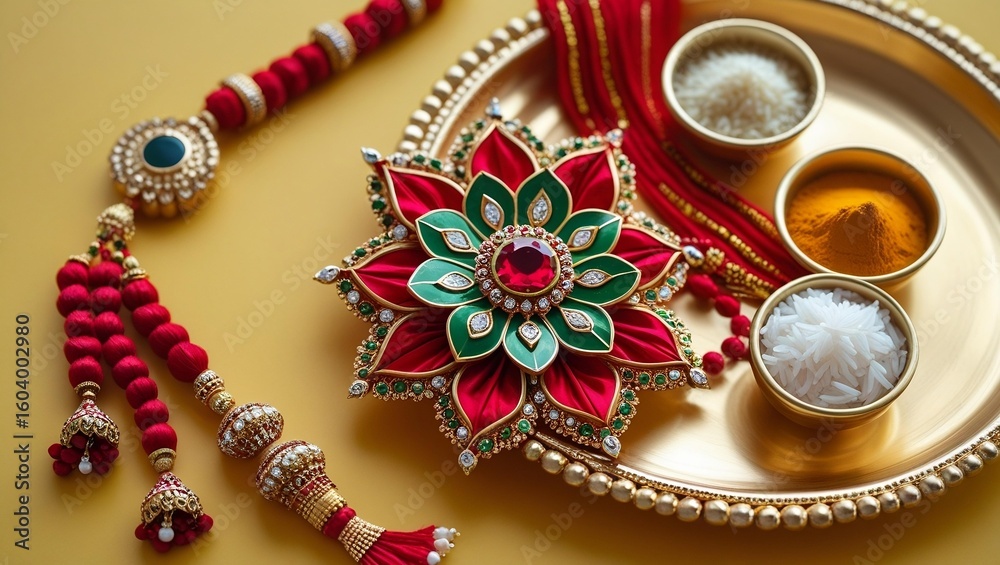 Fototapeta premium Traditional Rakhi with Decorative Thali and Festive Elements on Yellow Background for Raksha Bandhan Celebration – AI-Generated