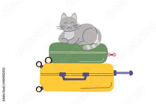 Cat with luggage. Concept of travel with pet. Illustration of cat lying on the suitcases. Vector flat clipart.