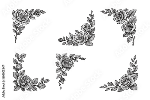 Black and white rose floral corner designs in vintage sketch style, ideal for invitations and decorative borders.