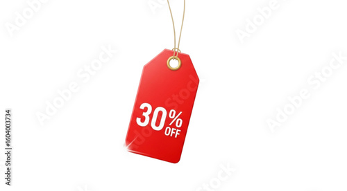 A red tag hanging with a gold string displaying a thirty percent discount on a white background space