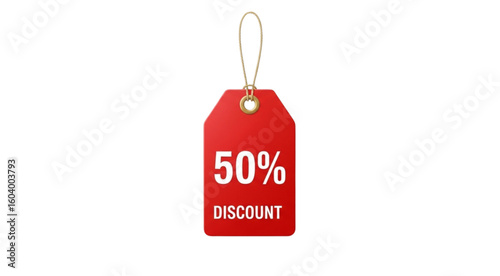 A red price tag with a string showing fifty percent discount on a white background in a promotional image