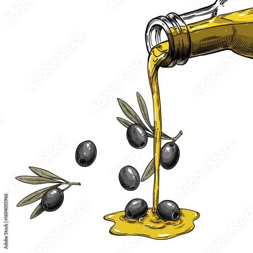 Vintage sketch of olive oil and olives pouring from bottle neck — retro hand-drawn engraving vector illustration for food label, menu and packaging design

