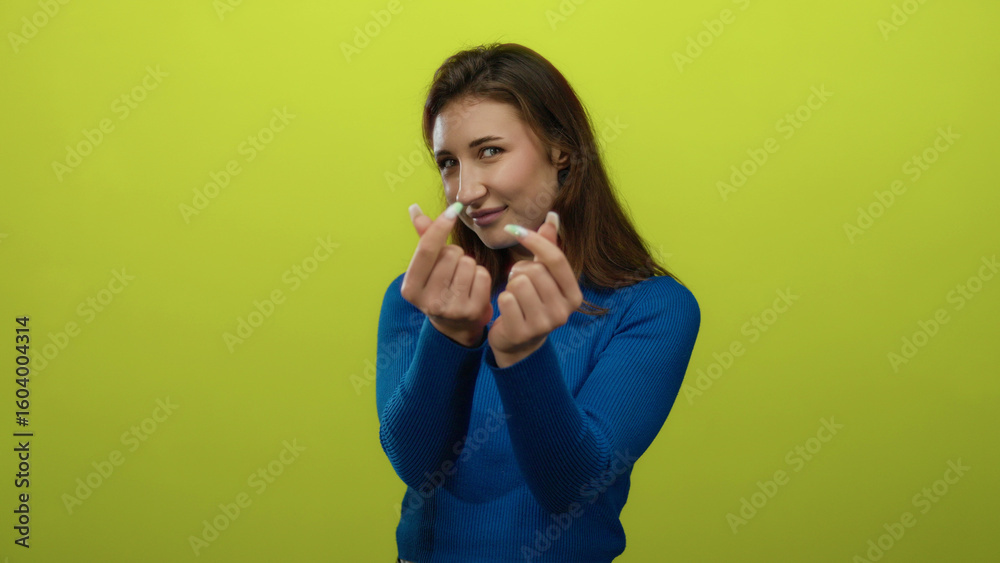 Fototapeta premium Young woman in blue sweater making heart gesture with fingers against a bright yellow background, smiling joyfully in an isolated setting, capturing playful expression.