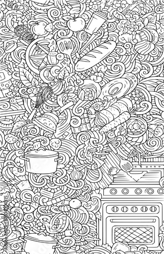 Whimsical doodle art featuring a variety of food items and kitchen utensils in a chaotic yet harmonious arrangement