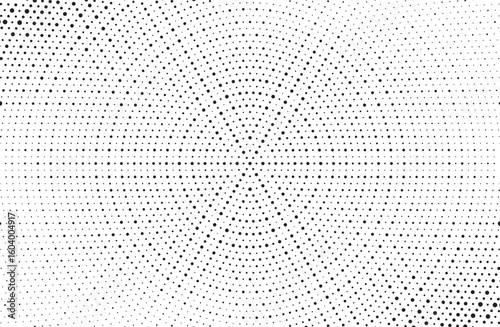 Radial halftone dots. Spotted and dotted stains gradient background. Concentric comic texture with fading effect. Black and white rough gritty wallpaper. Grunge monochrome geometric backdrop. Vector
