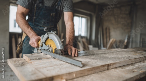 Craftsman skillfully using a circular saw to precisely cut wood for a project