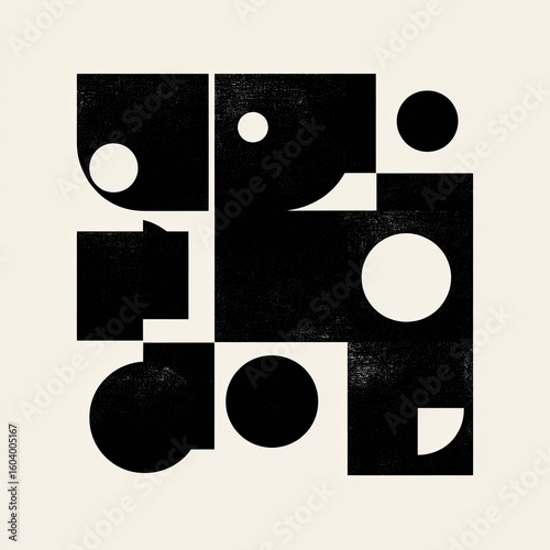 Abstract geometric shapes in black and cream.  A composition of various forms?circles, rectangles, and irregular shapes?arranged in a grid-like pattern. Textured effect