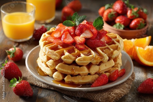 Stack of waffles topped with fresh strawberries and syrup, alongside orange juice and more strawberries