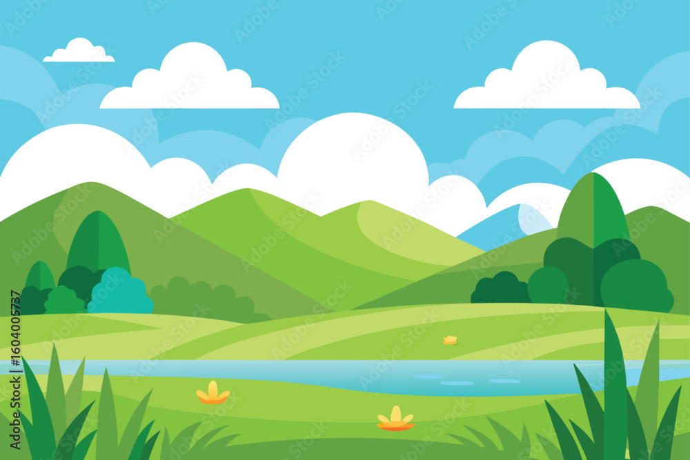 Fototapeta premium Green hills blue sky white clouds river water orange flowers nature landscape
