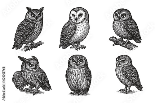 Detailed vintage owl illustrations in various poses and expressions, perfect for nature or woodland-themed designs.