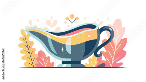Flat vector illustration of gravy boat with golden sauce and autumn leaves, festive Thanksgiving dinner and cozy celebration concept