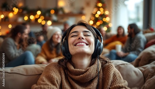 A person with noise-cancelling headphones blissfully relaxes amidst a chaotic Christmas family gathering, showcasing serenity in a lively holiday. Perfect for themes of stress relief, modern living