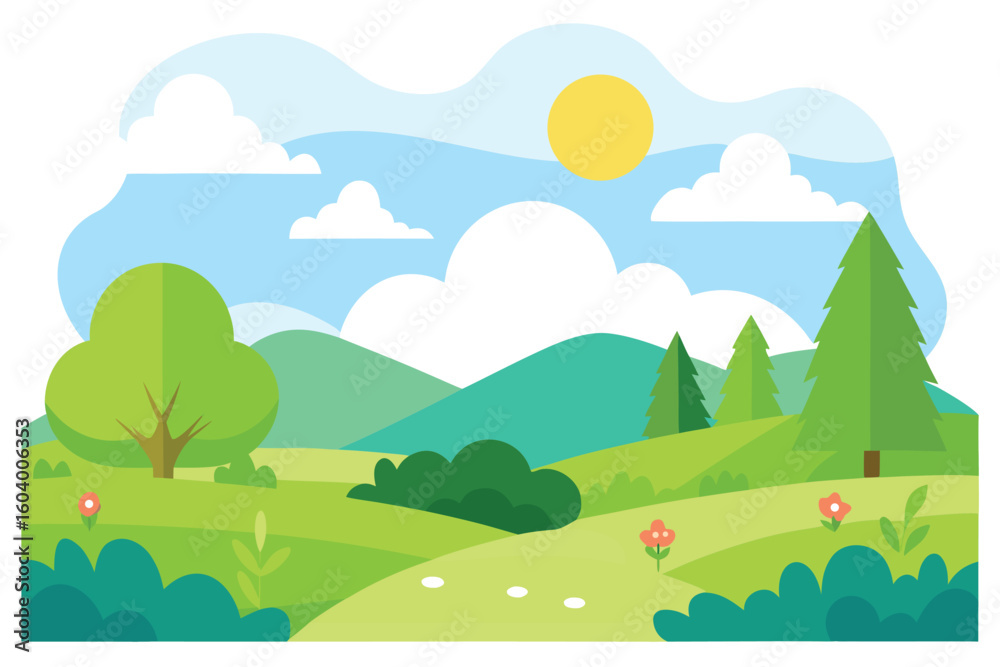 Obraz premium Green rolling hills with trees and flowers under a sunny sky nature landscape