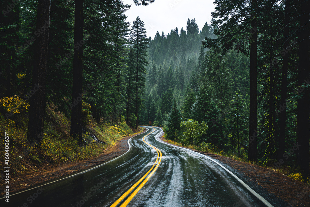 Fototapeta premium A quiet mountain road curving through dense pine forest after rainfall, wet asphalt reflecting the misty light, no vehicles or people