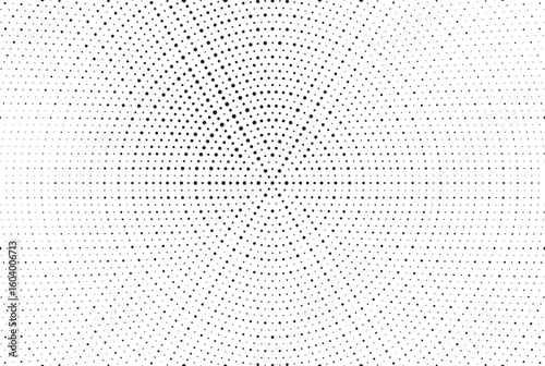 Radial halftone dots. Spotted and dotted stains gradient background. Concentric comic texture with fading effect. Black and white rough gritty wallpaper. Grunge monochrome geometric backdrop. Vector