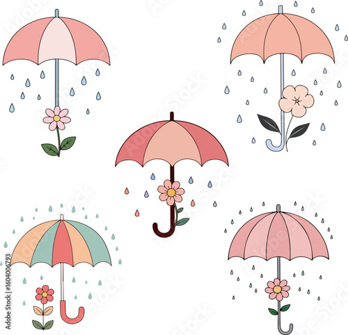 Umbrellas and Flowers in the Rain