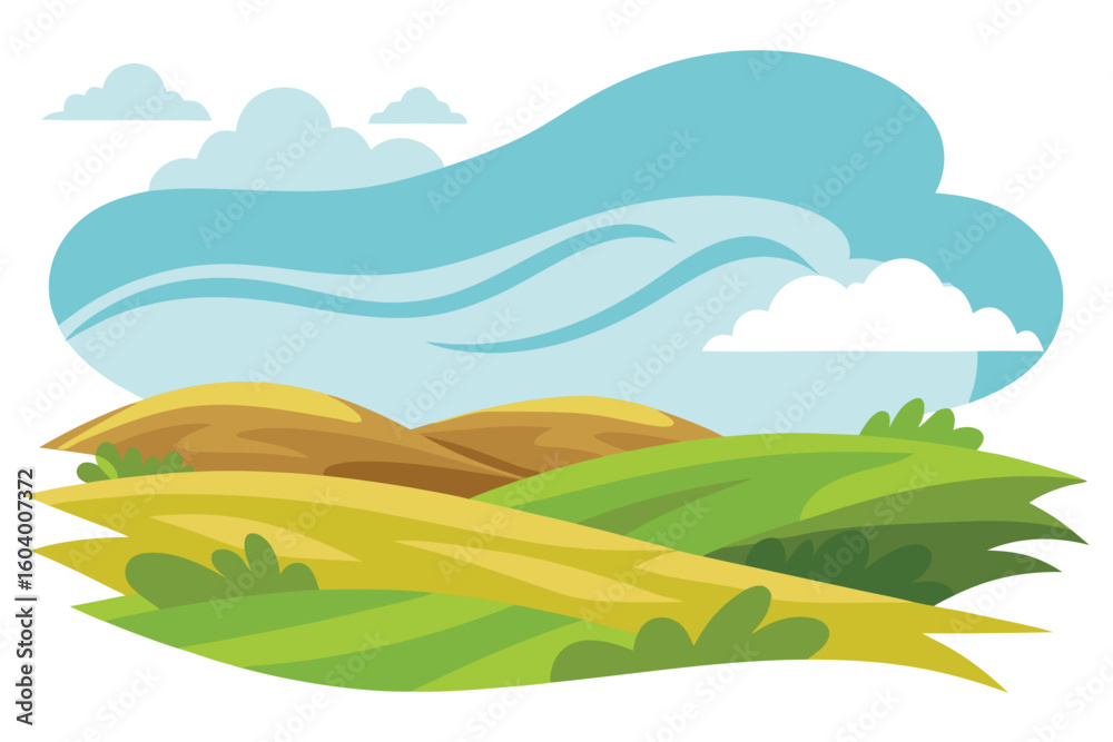 Fototapeta premium Rolling green and yellow hills under a blue sky with clouds landscape rolling hills