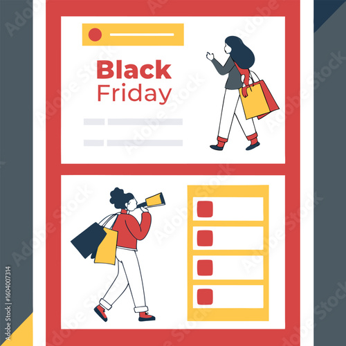Illustration showing black friday sale with shoppers carrying bags and looking through a telescope on red frame