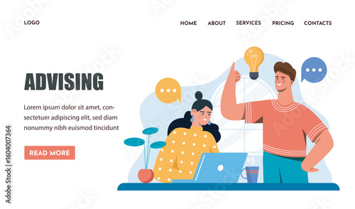 Two people discussing ideas at a desk with a laptop, one holding a light bulb, flat cartoon style, white background, concept of business strategy and advice. Vector illustration