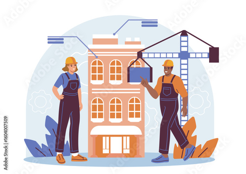 Two construction workers in uniforms and helmets standing near a building under construction with a crane, on a light background. Concept of teamwork. Vector illustration