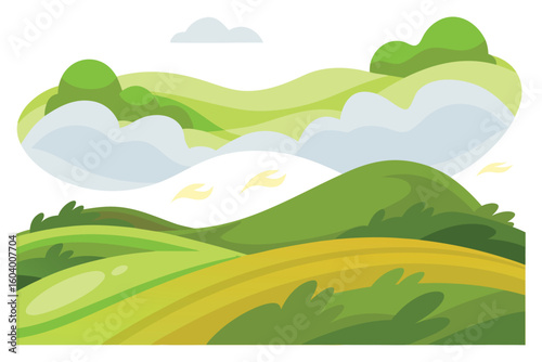 Rolling green hills with yellow fields and clouds landscape rolling hills