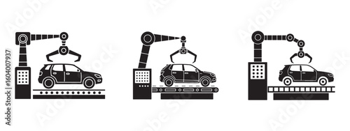 Automated car manufacturing process concept with robotic arms assembling vehicles on a production line illustration and modern industrial technology