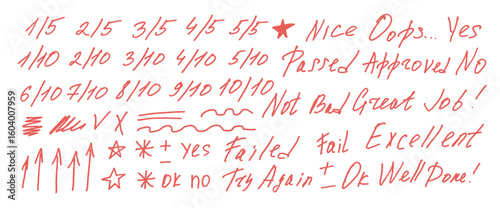 Exam grade five and ten point rating system marks doodle style set. School test results hand drawn sings. Teacher scores of student homework. Vector handwritten scribble qualification symbols isolated