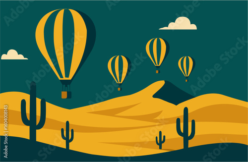 Flat desert landscape with hot air balloons flying over cacti and sand dunes under a clear sky.