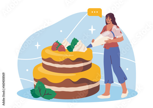 Woman using piping bag to decorate a large layered cake with cream, strawberries, and mint leaves, flat cartoon style, on abstract blue background. Vector illustration